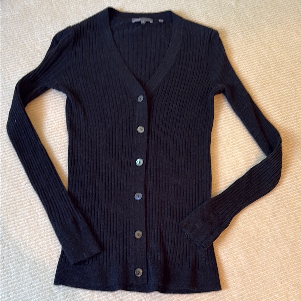 Vince Black Ribbed V-Neck Button Cardigan - Women